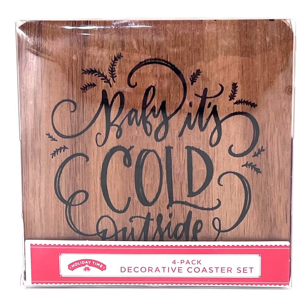 Holiday Time 4-Pack Decorative Coaster Set Baby It's Cold Outside Acacia Wood
